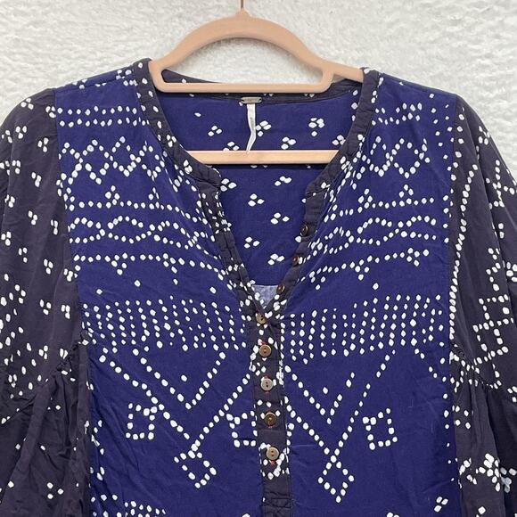Free People Shirt Womens Large Blue Boho Tunic Henley Balloon Sleeve Ruffle Hem - Picture 4 of 12